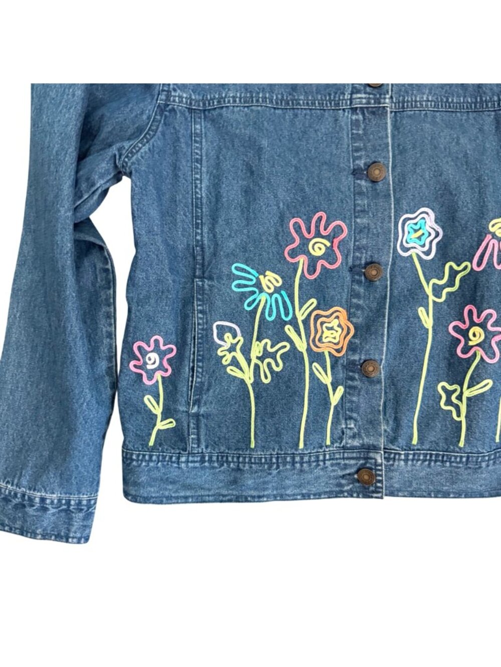 Mandal Bay Floral Denim Jacket L Womens VTG Embroidery Button Front Blue Cotton - Picture 3 of 8